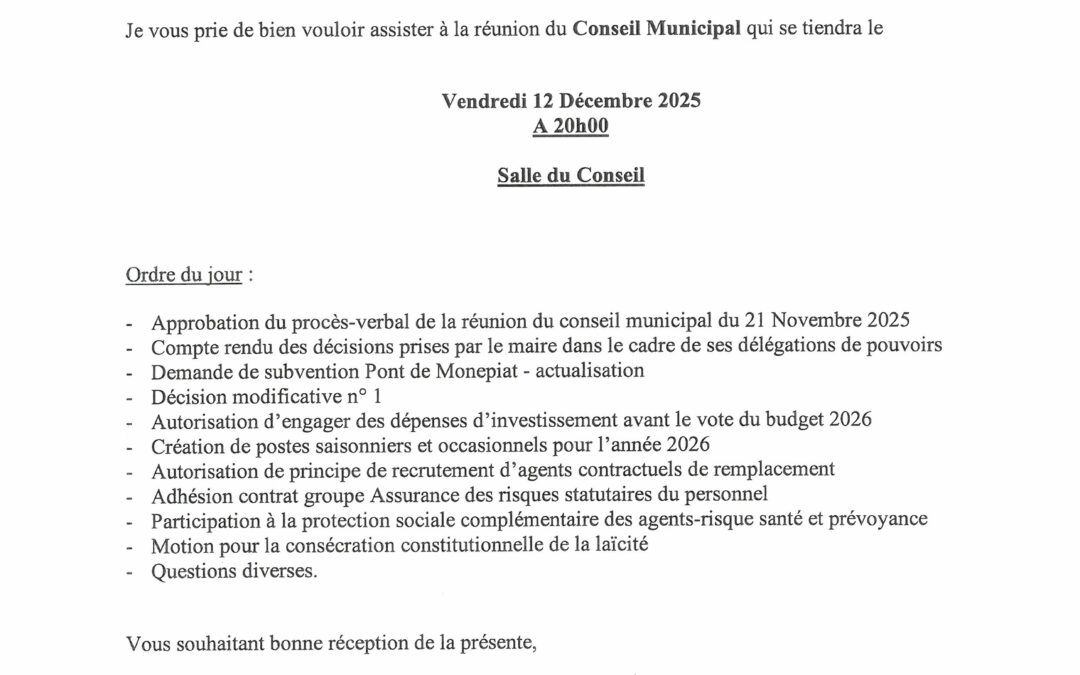 Conseil Municipal  vendredi 12/12 20h00  Salle du Conseil