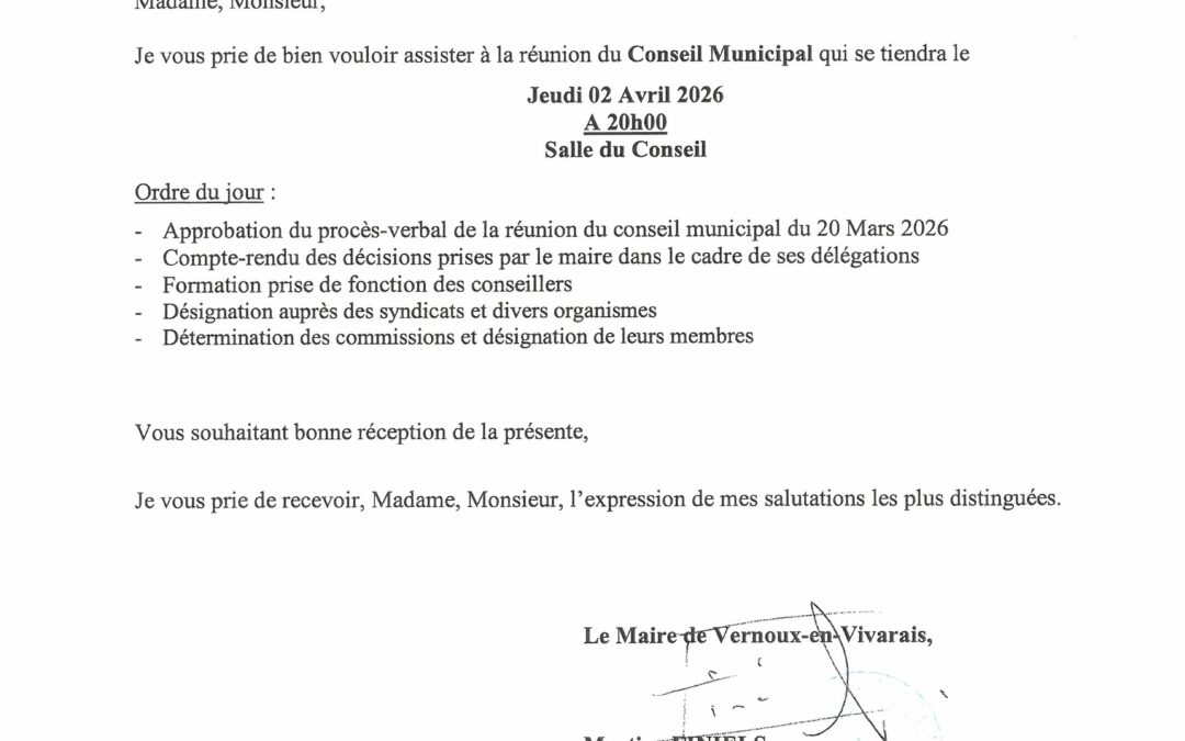 Conseil Municipal  jeudi 02 avril 2026 – 20h  salle du conseil